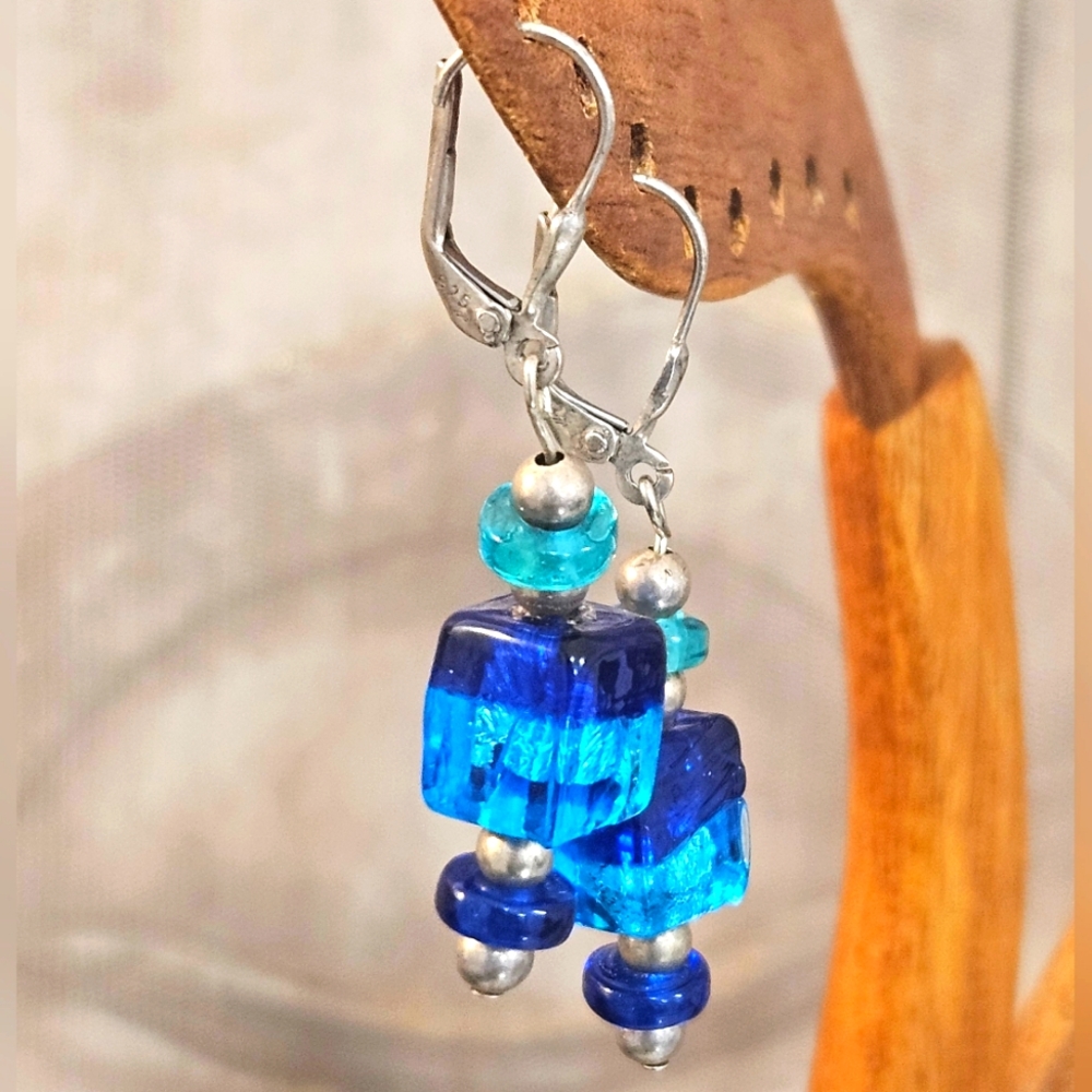 Glass Turquoise & Teal Beads Sterling Silver Dangle Lever Back Earrings